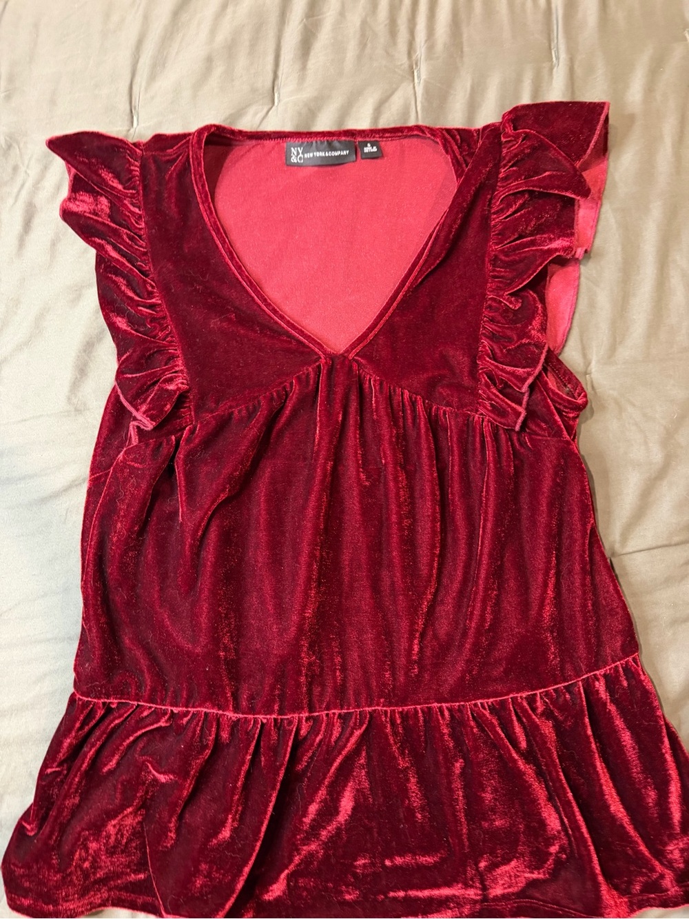 New York & Company Deep Red Velvet Ruffle V-Neck Tunic